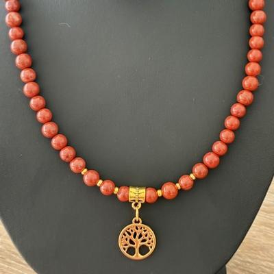 COLLIER JASPE ROUGE ARBRE DE VIE OR