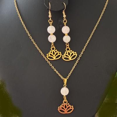 PARURE QUARTZ ROSE FLEUR DE LOTUS OR